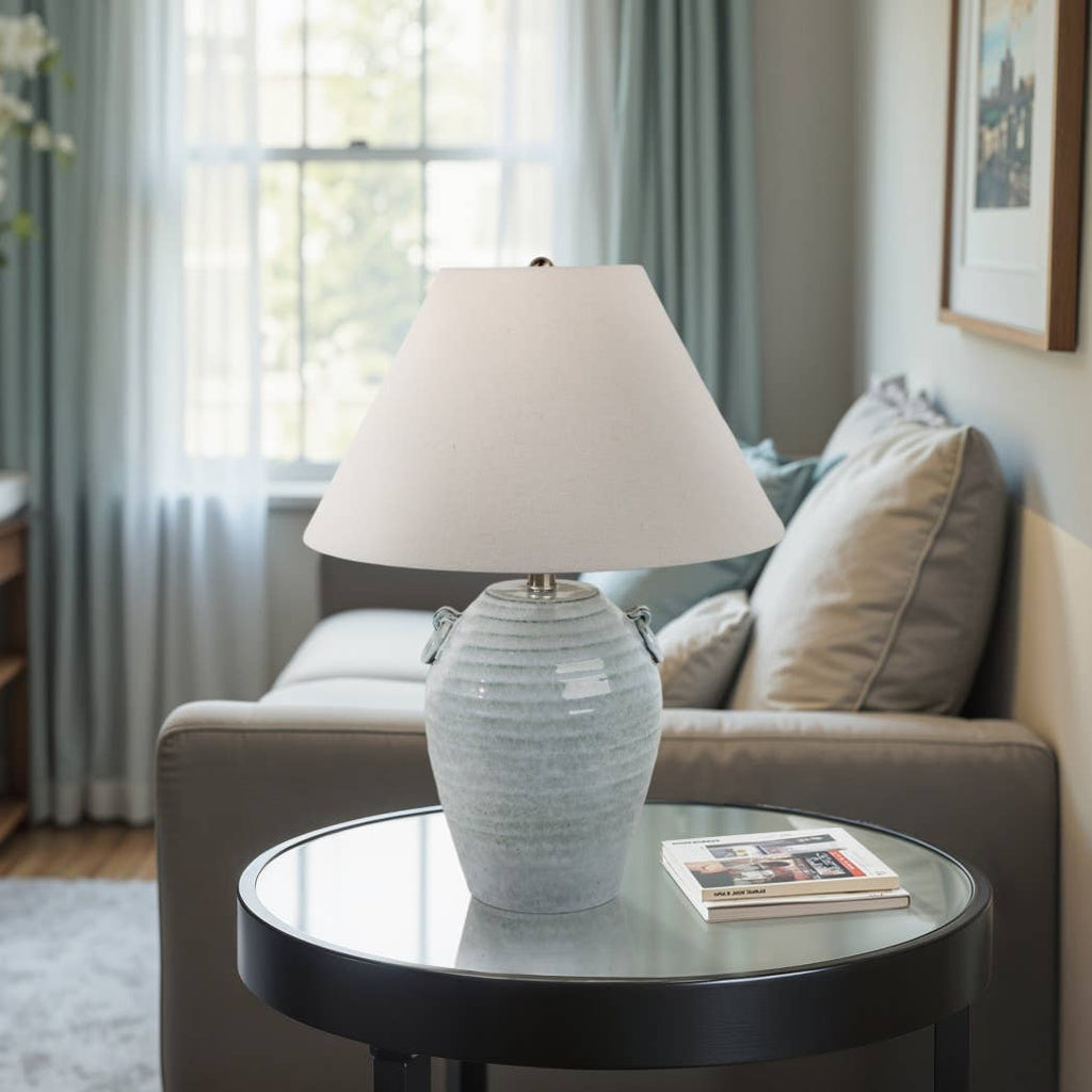 Table Lamp - Blue Ceramic Jug Handles Tapered Shade, 24 in.