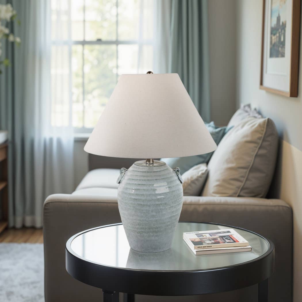 Table Lamp - Blue Ceramic Jug Handles Tapered Shade, 24 in.