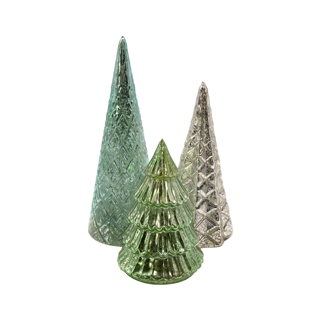 Battery Operated Green & Silver Trees- Set of 3