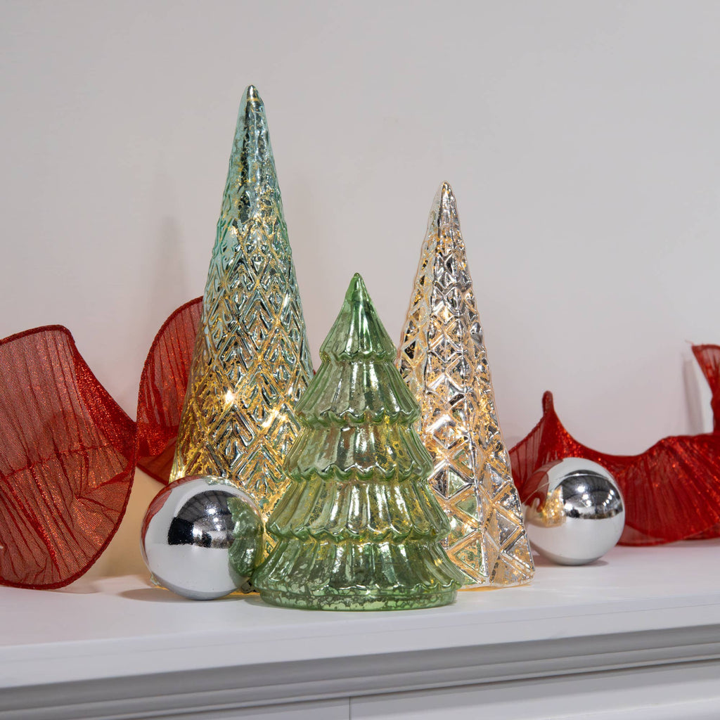 Battery Operated Green & Silver Trees- Set of 3