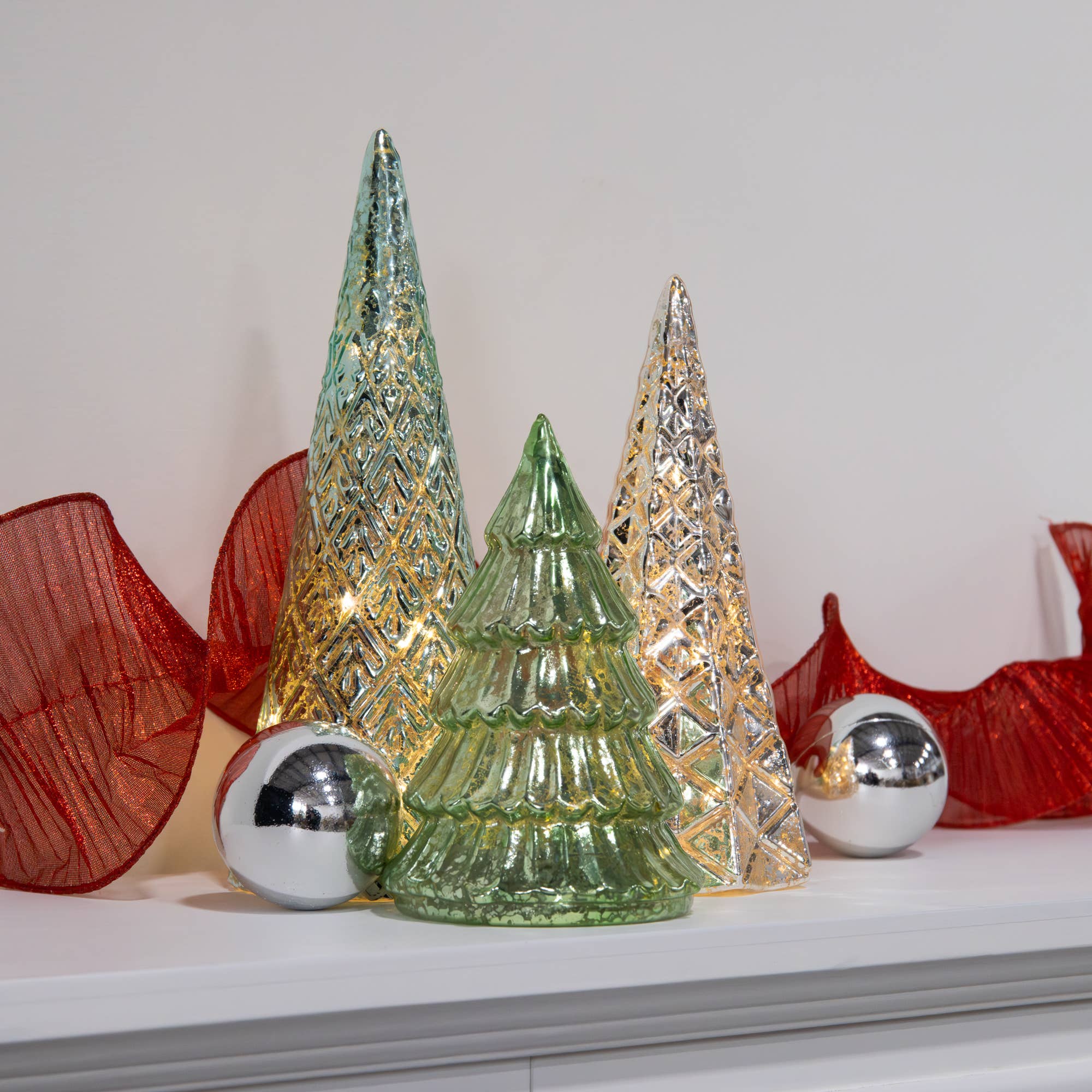 Battery Operated Green & Silver Trees- Set of 3