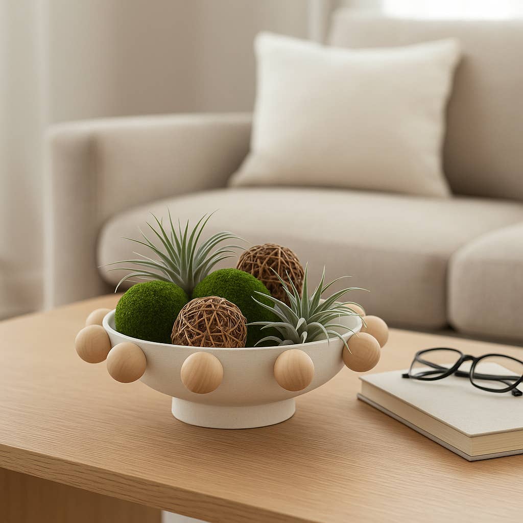 White Wood/Metal Knobs Decorative Bowl