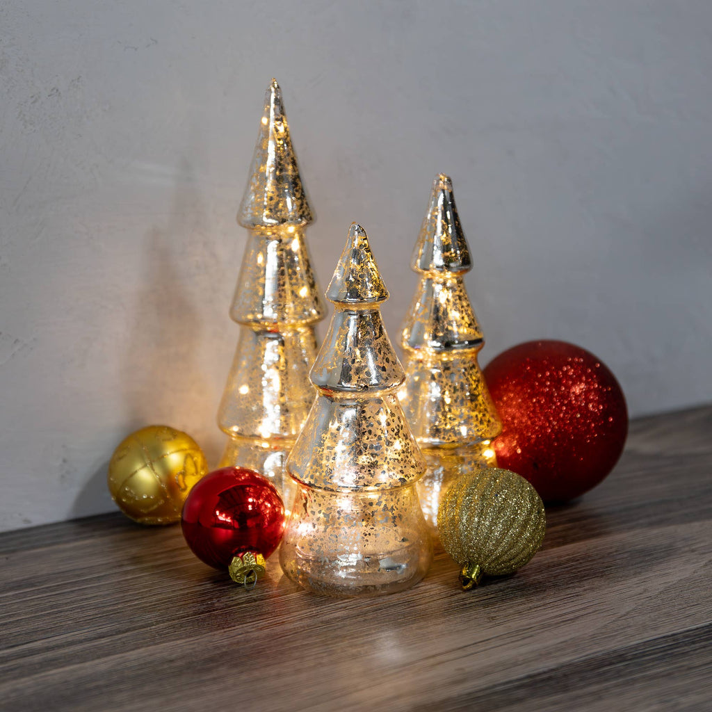 Battery-Operated Mercury Silver Glass Trees- Set of 3