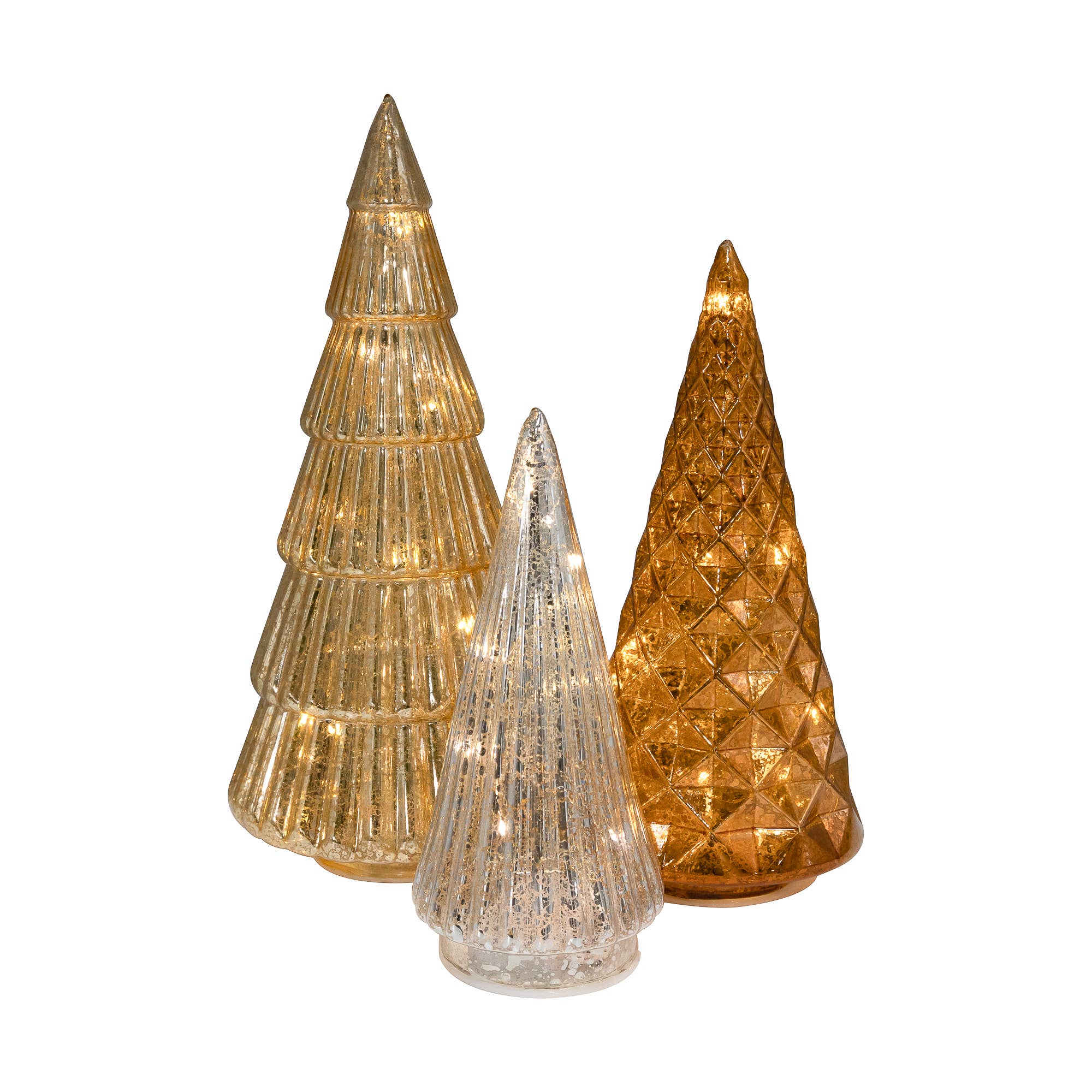 Battery-Operated Gold, Bronze & Silver Glass Trees- Set of 3
