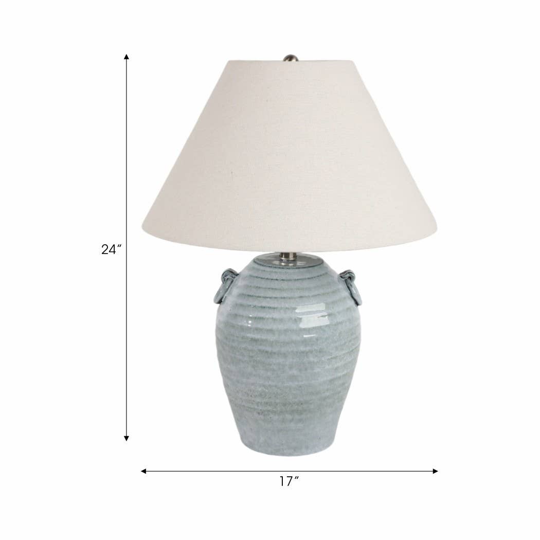Table Lamp - Blue Ceramic Jug Handles Tapered Shade, 24 in.