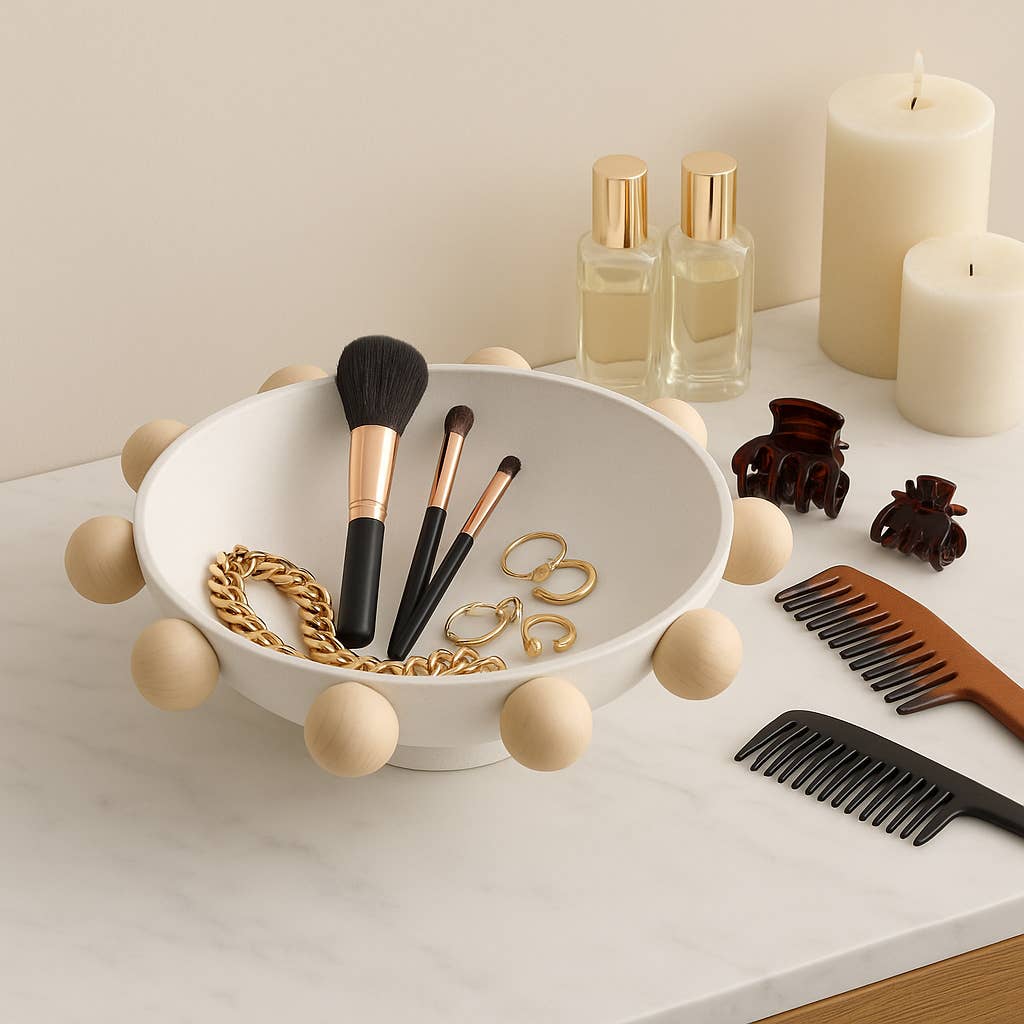 White Wood/Metal Knobs Decorative Bowl