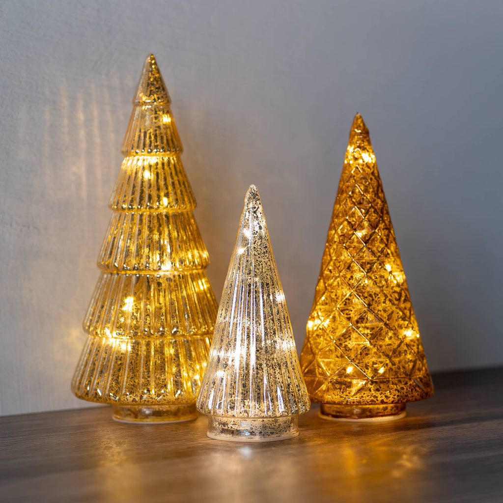 Battery-Operated Gold, Bronze & Silver Glass Trees- Set of 3