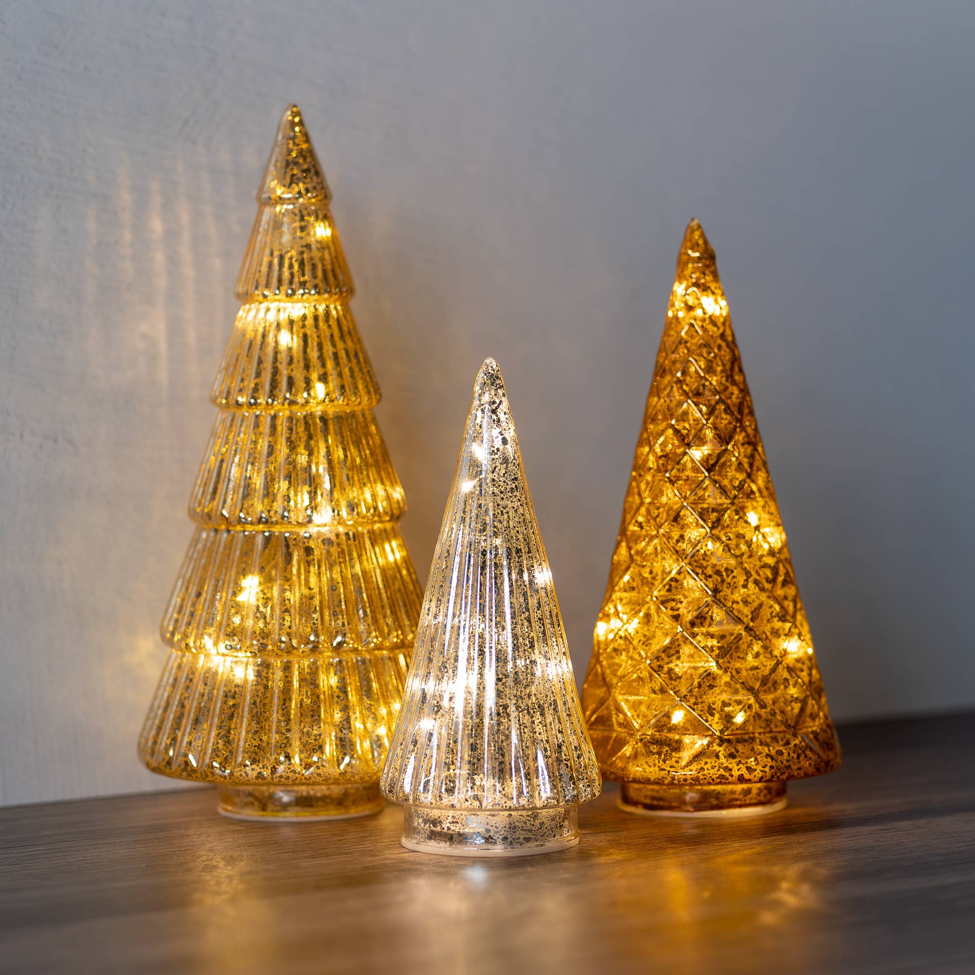 Battery-Operated Gold, Bronze & Silver Glass Trees- Set of 3