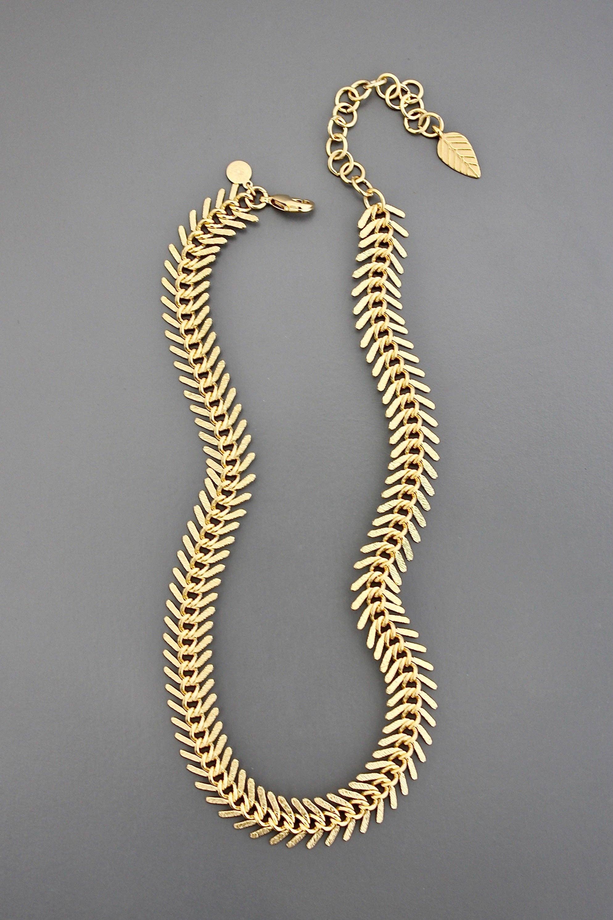 18k matte gold fish bone necklace