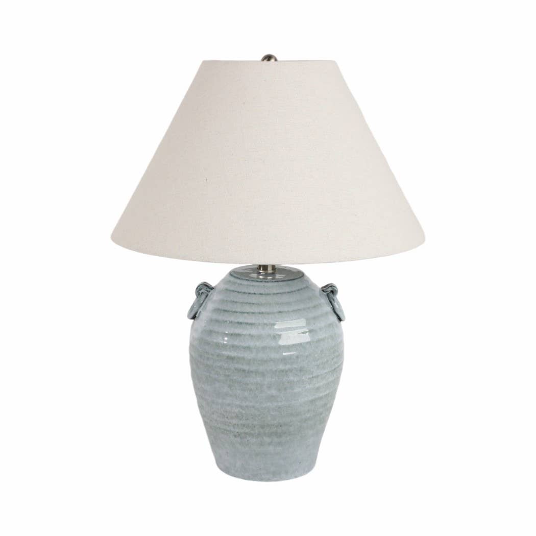 Table Lamp - Blue Ceramic Jug Handles Tapered Shade, 24 in.