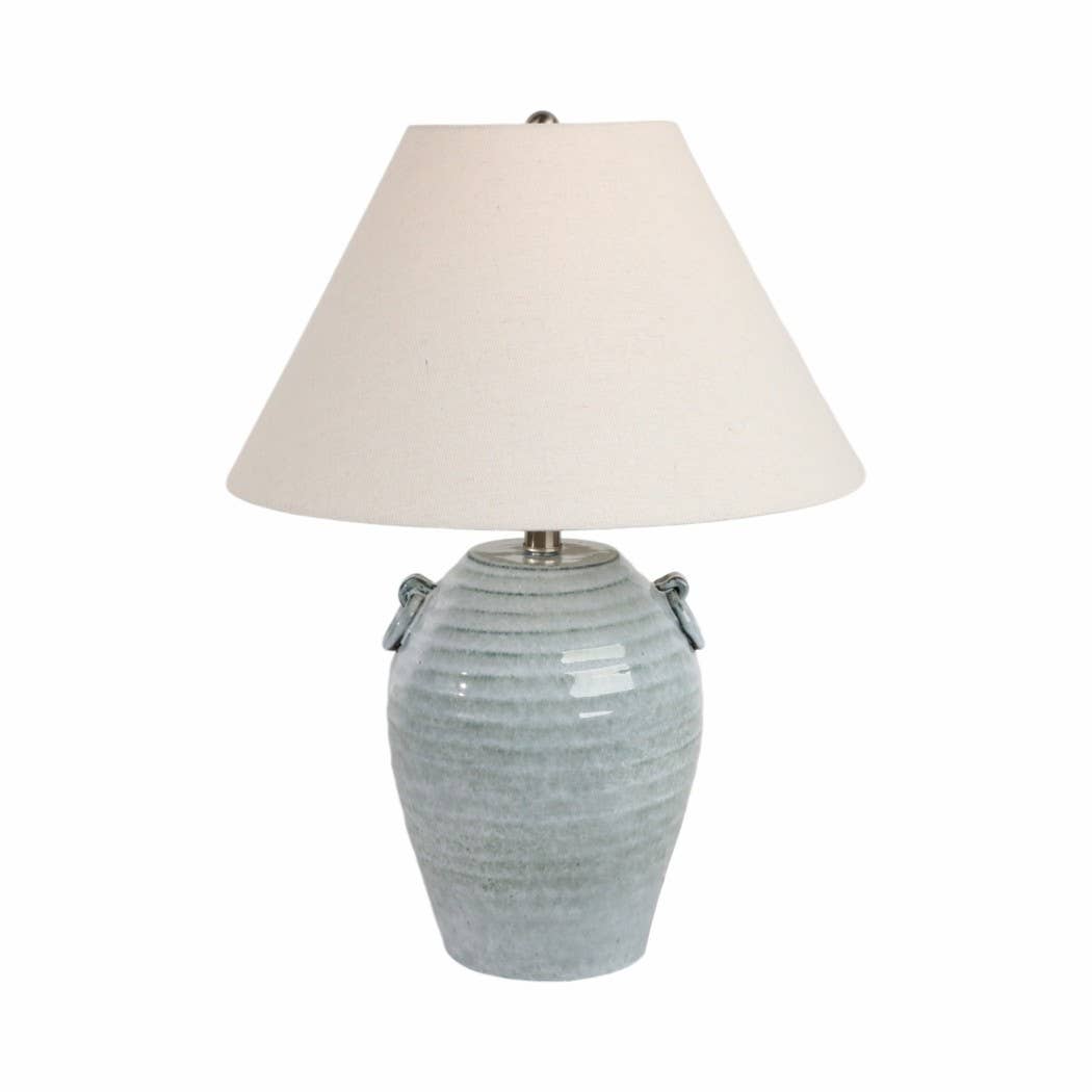 Table Lamp - Blue Ceramic Jug Handles Tapered Shade, 24 in.