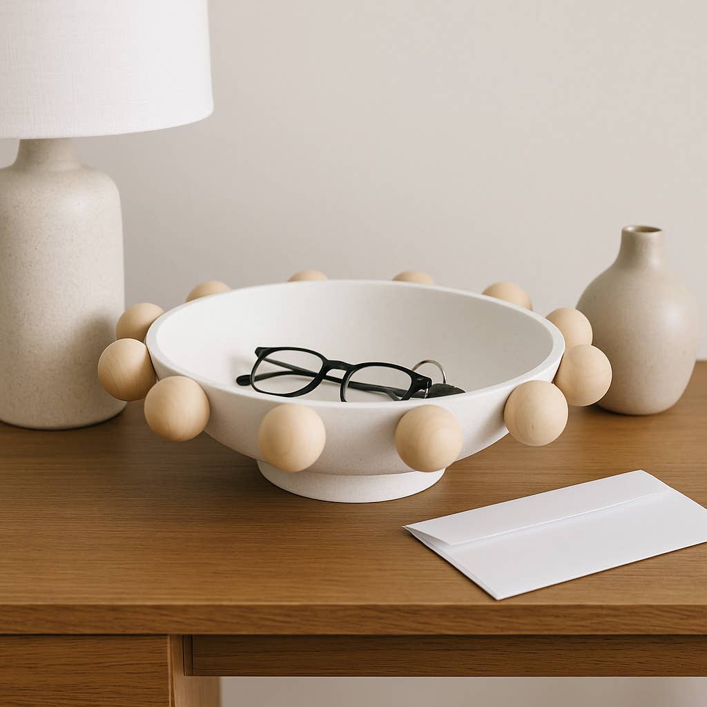 White Wood/Metal Knobs Decorative Bowl