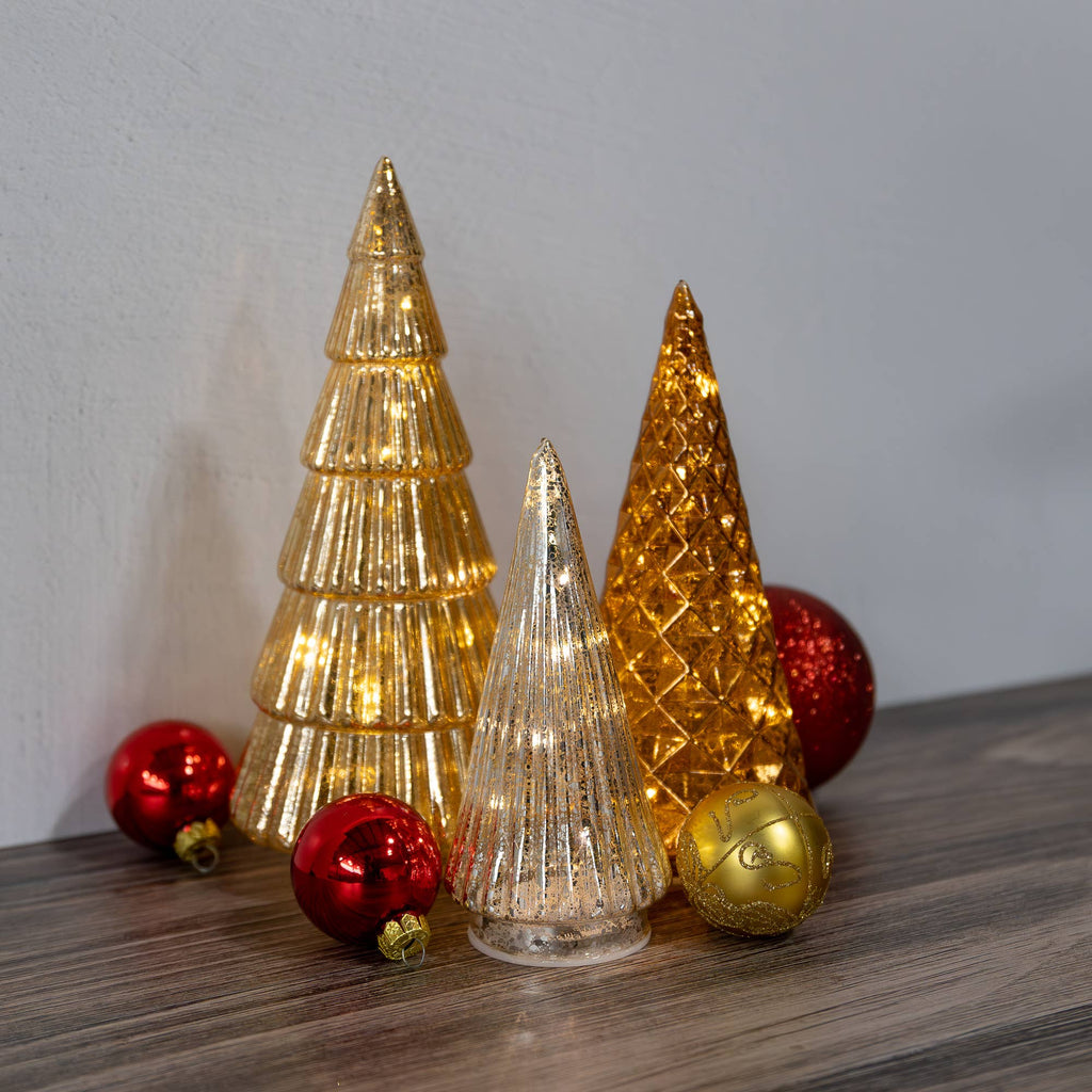 Battery-Operated Gold, Bronze & Silver Glass Trees- Set of 3