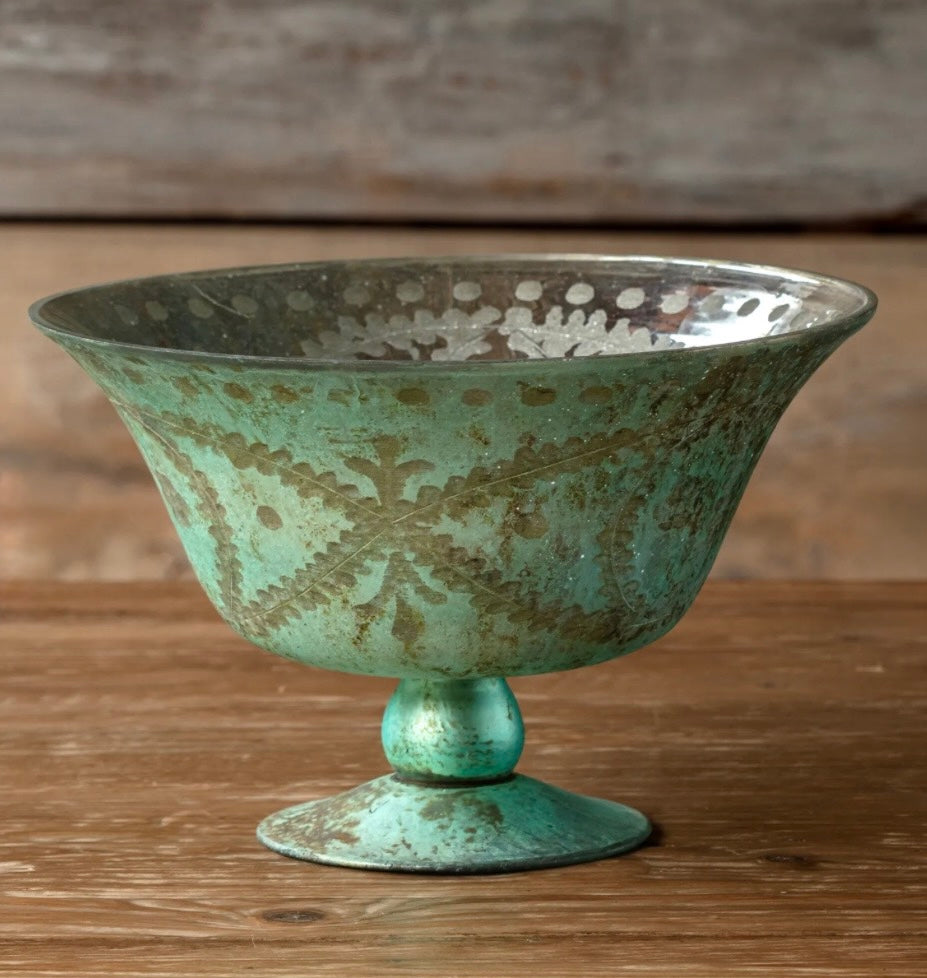 French Blue Etched Compote