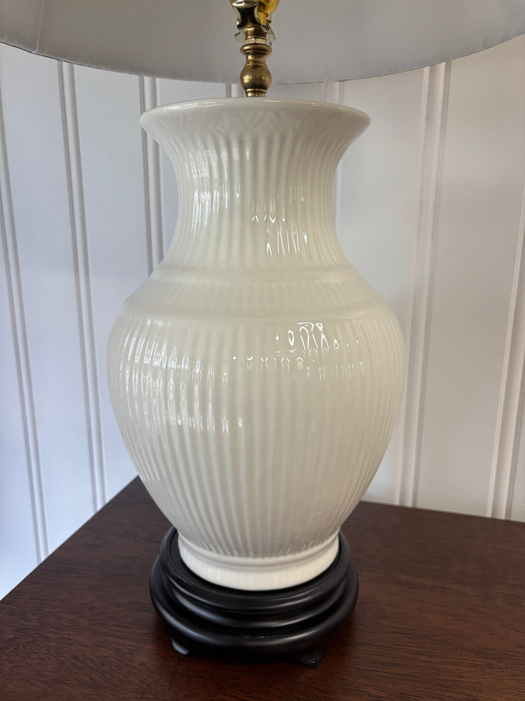 White Ceramic Ribbed Lamp with Pleated Lampshade