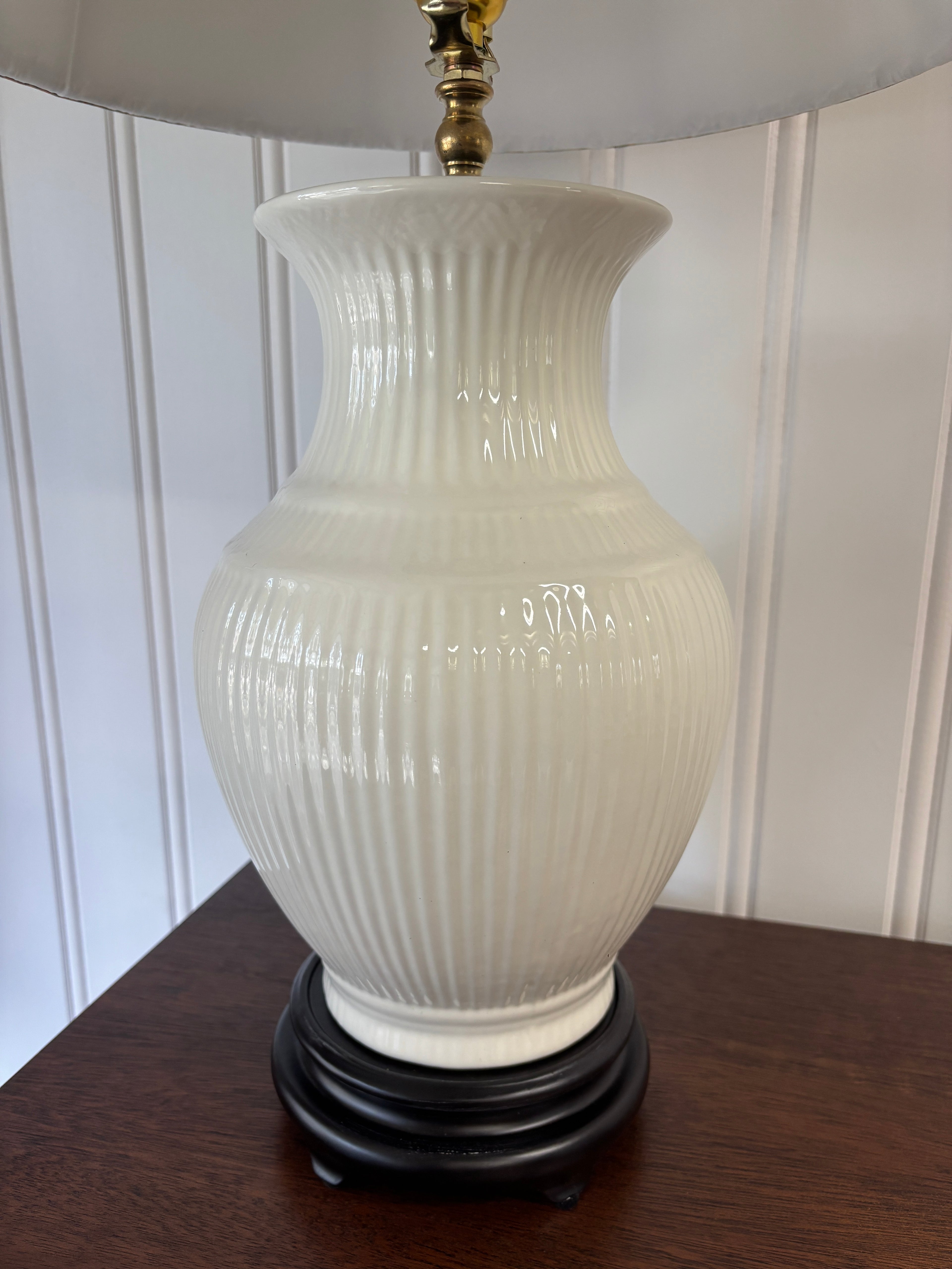 White Ceramic Ribbed Lamp with Pleated Lampshade