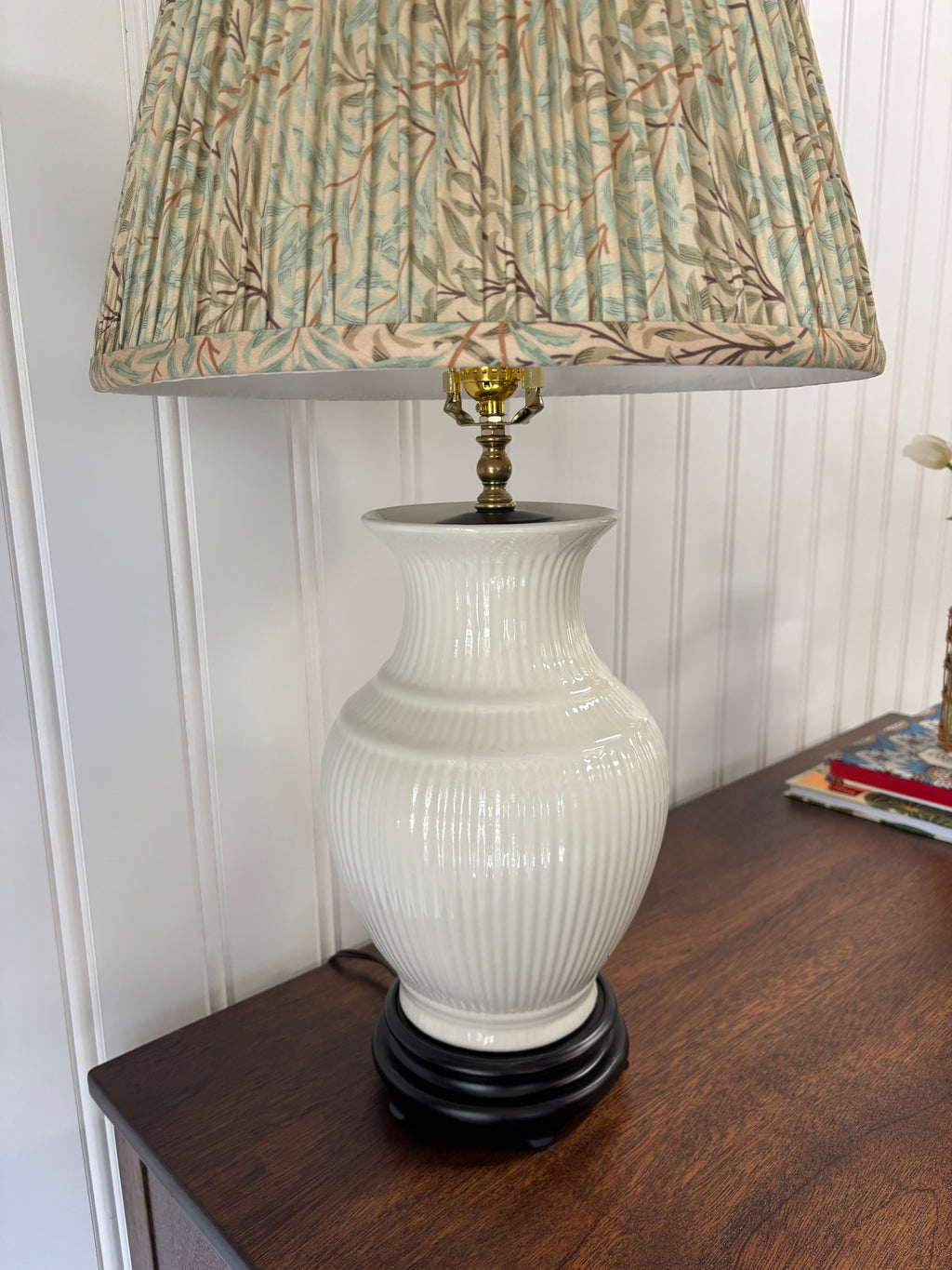 White Ceramic Ribbed Lamp with Pleated Lampshade
