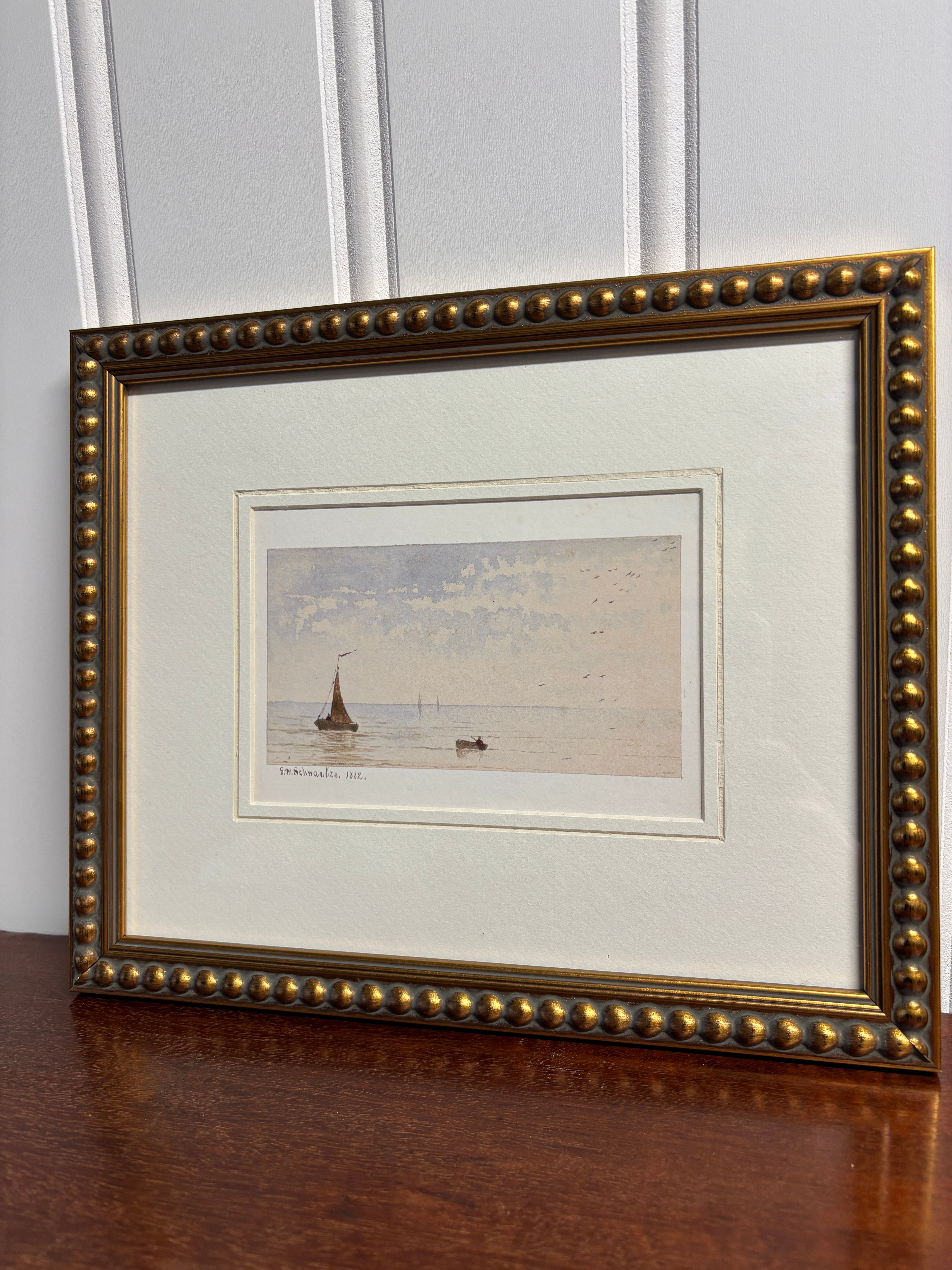 Vintage Watercolor Sailboat Print- Gold Bead Frame