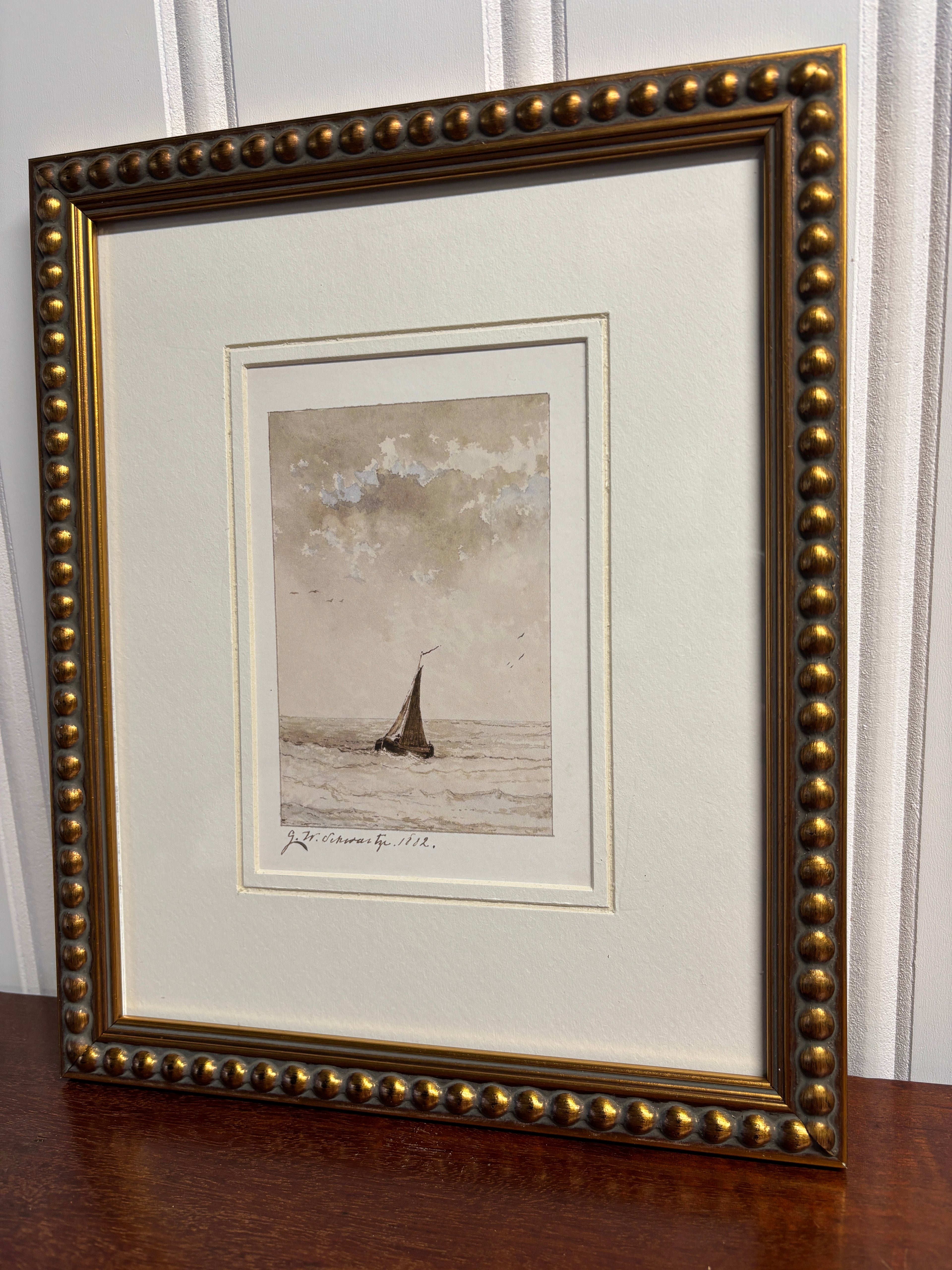 Vintage Watercolor Sailboat Artwork-  Gold Bead Frame