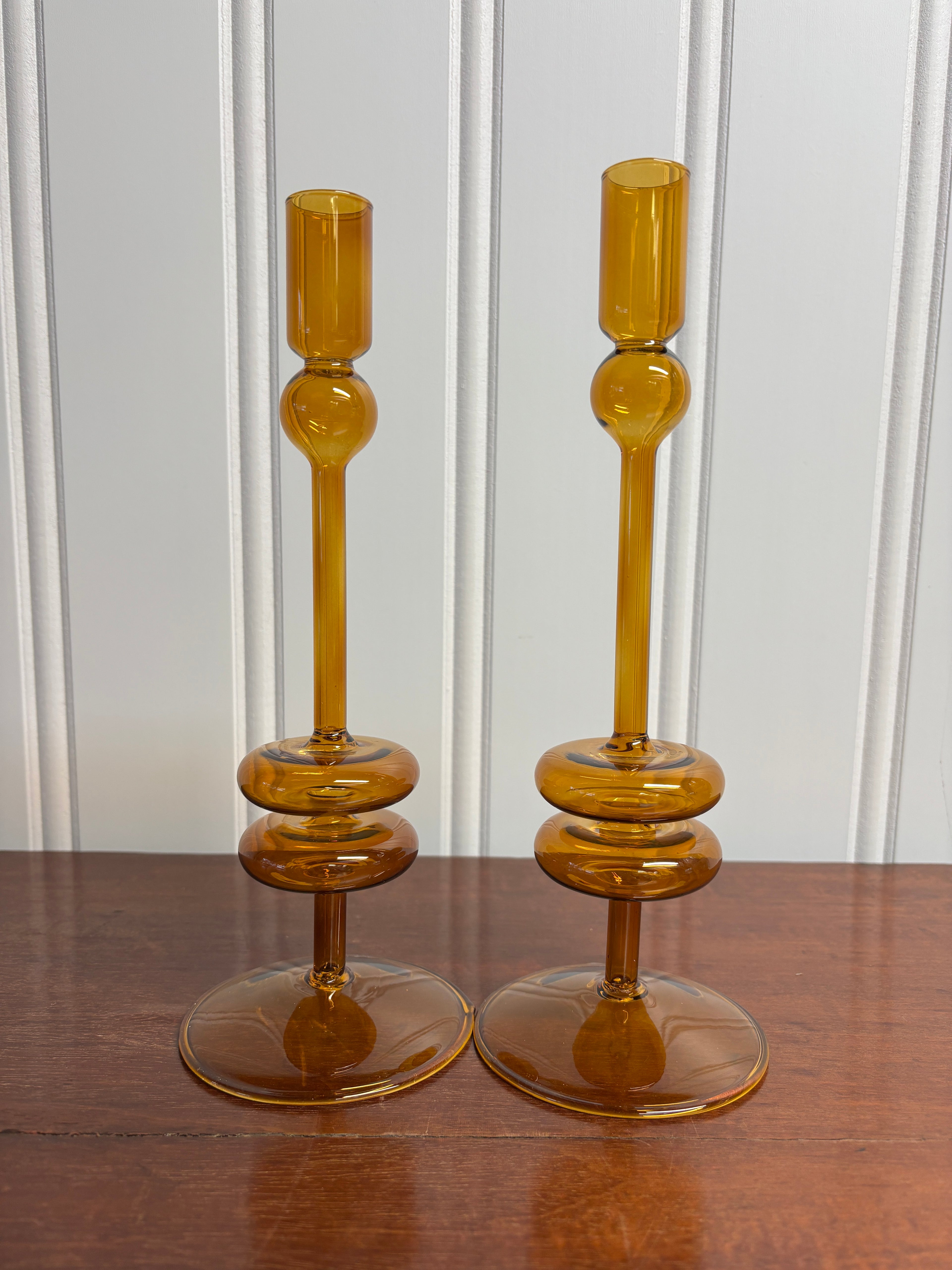 Glass Candlestick Pair- Medium Amber