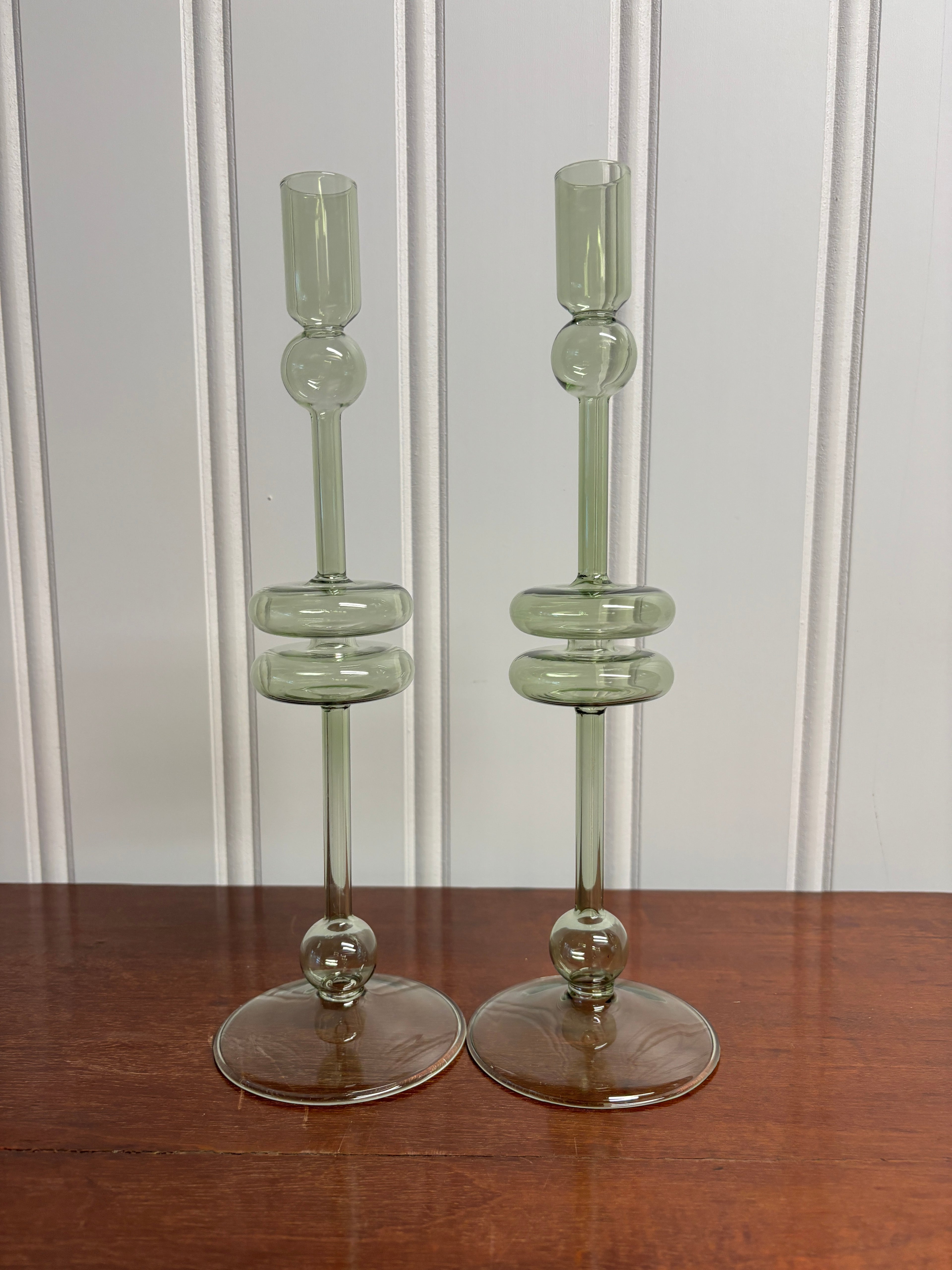 Glass Candlestick Pair- Large Sage