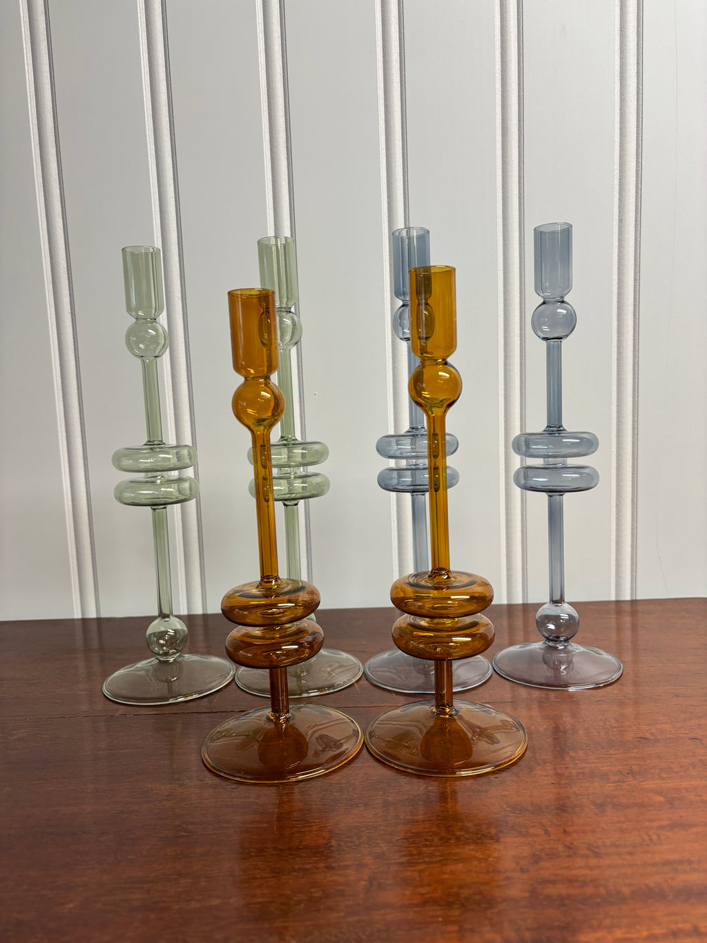 Glass Candlestick Pair- Medium Sage