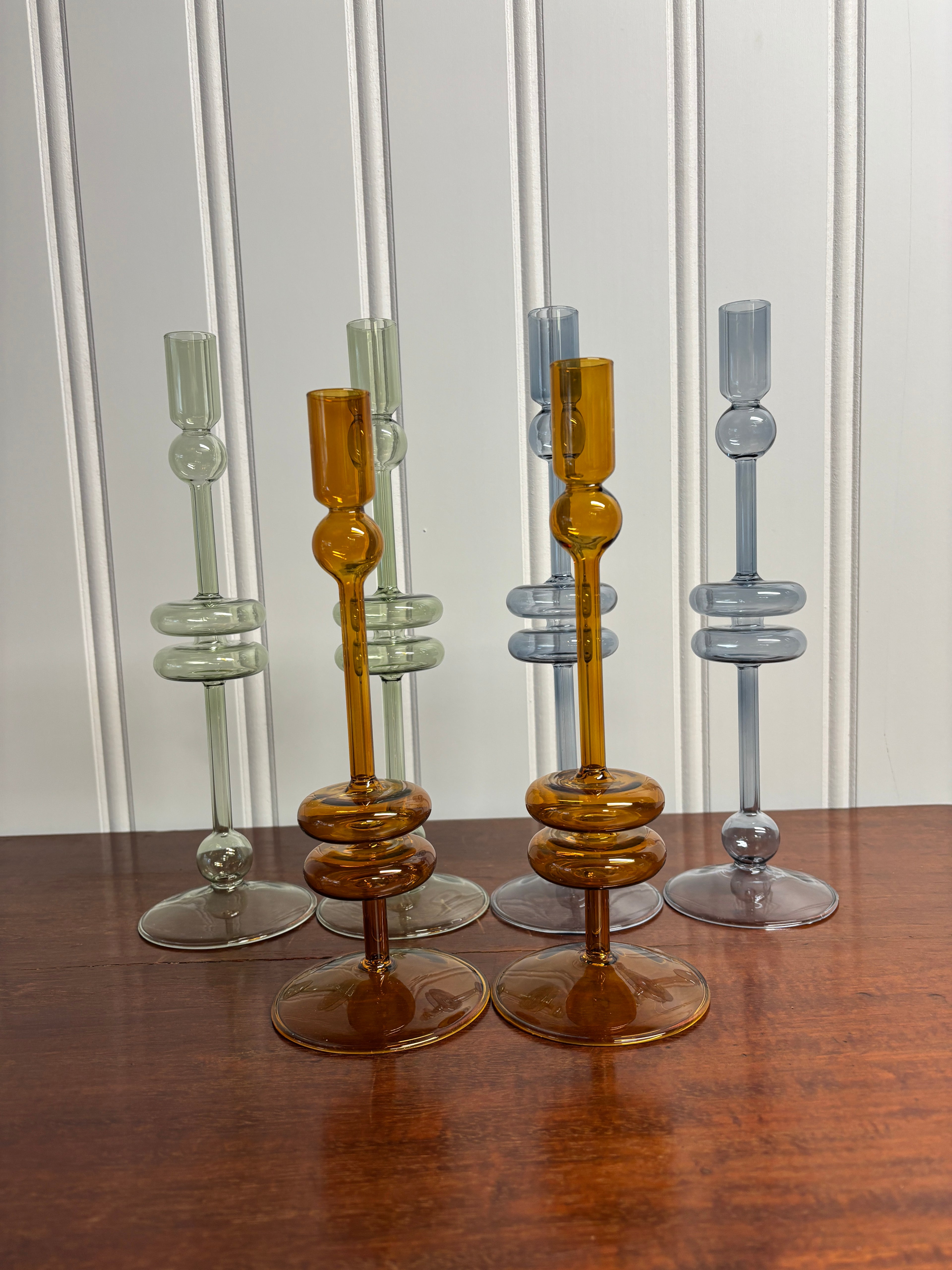 Glass Candlestick Pair- Medium Amber