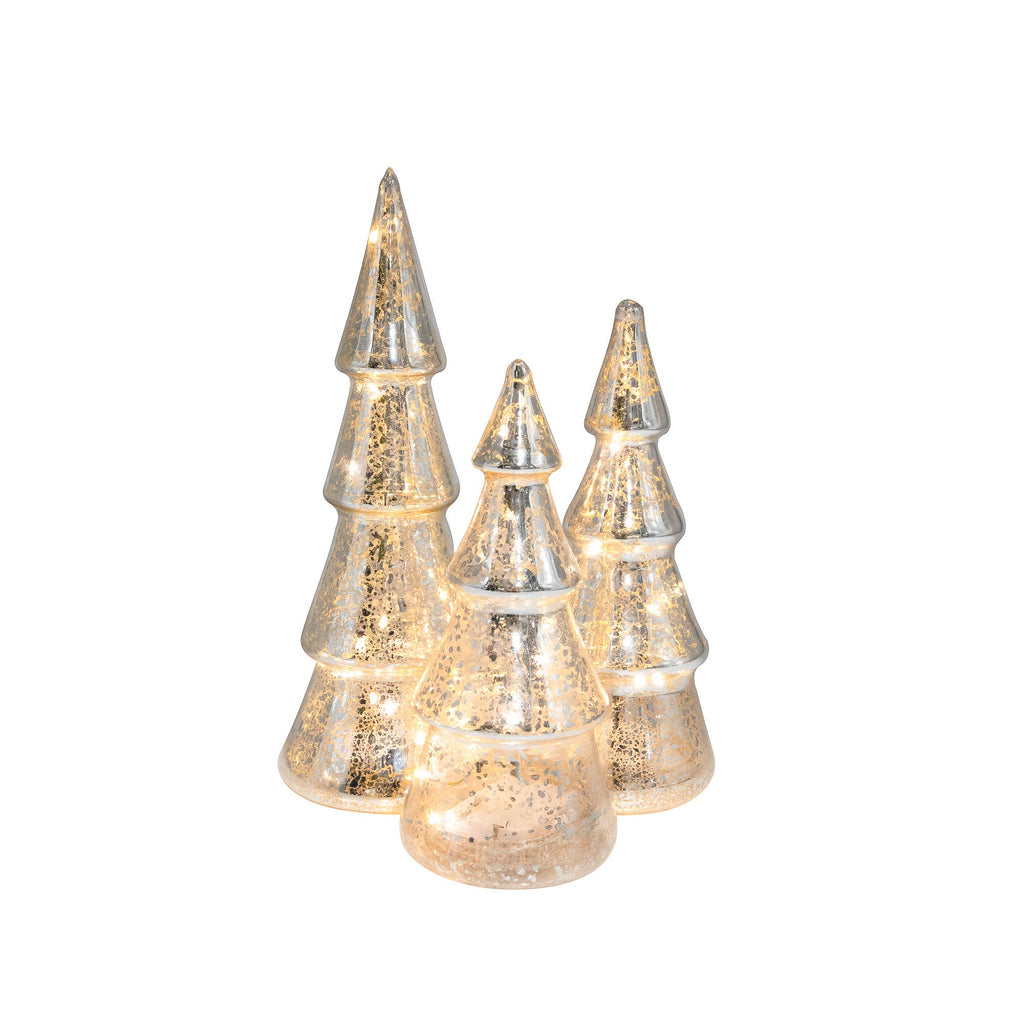 Battery-Operated Mercury Silver Glass Trees- Set of 3