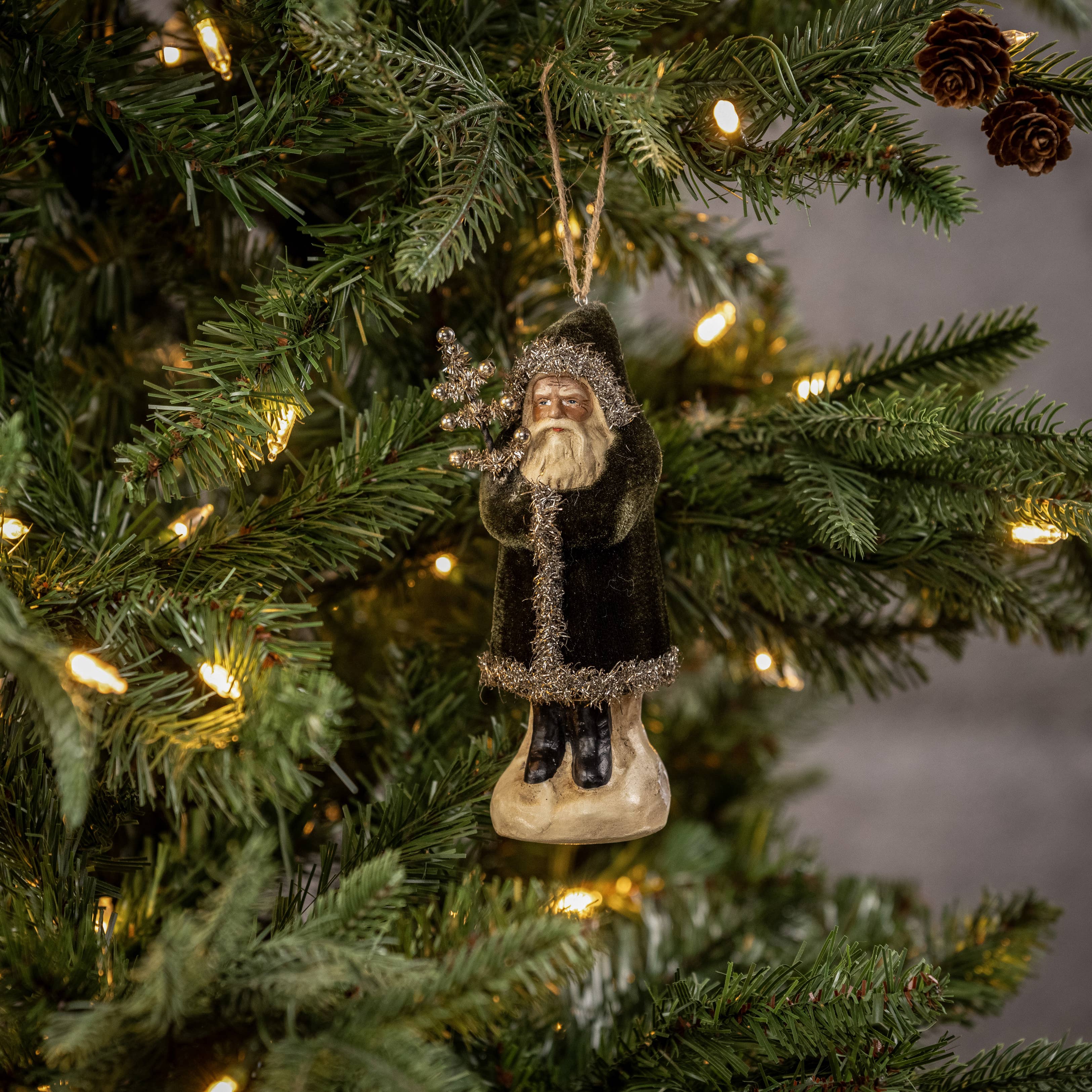 Velvet Belsnickle Santa Ornament- Forest Green