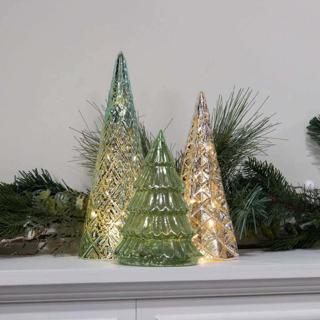 Battery Operated Green & Silver Trees- Set of 3