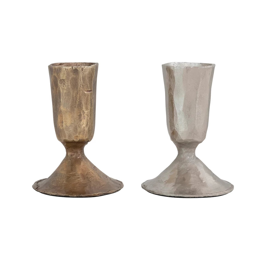 Silver Hammered Metal Taper Candle Holder- Set of 2