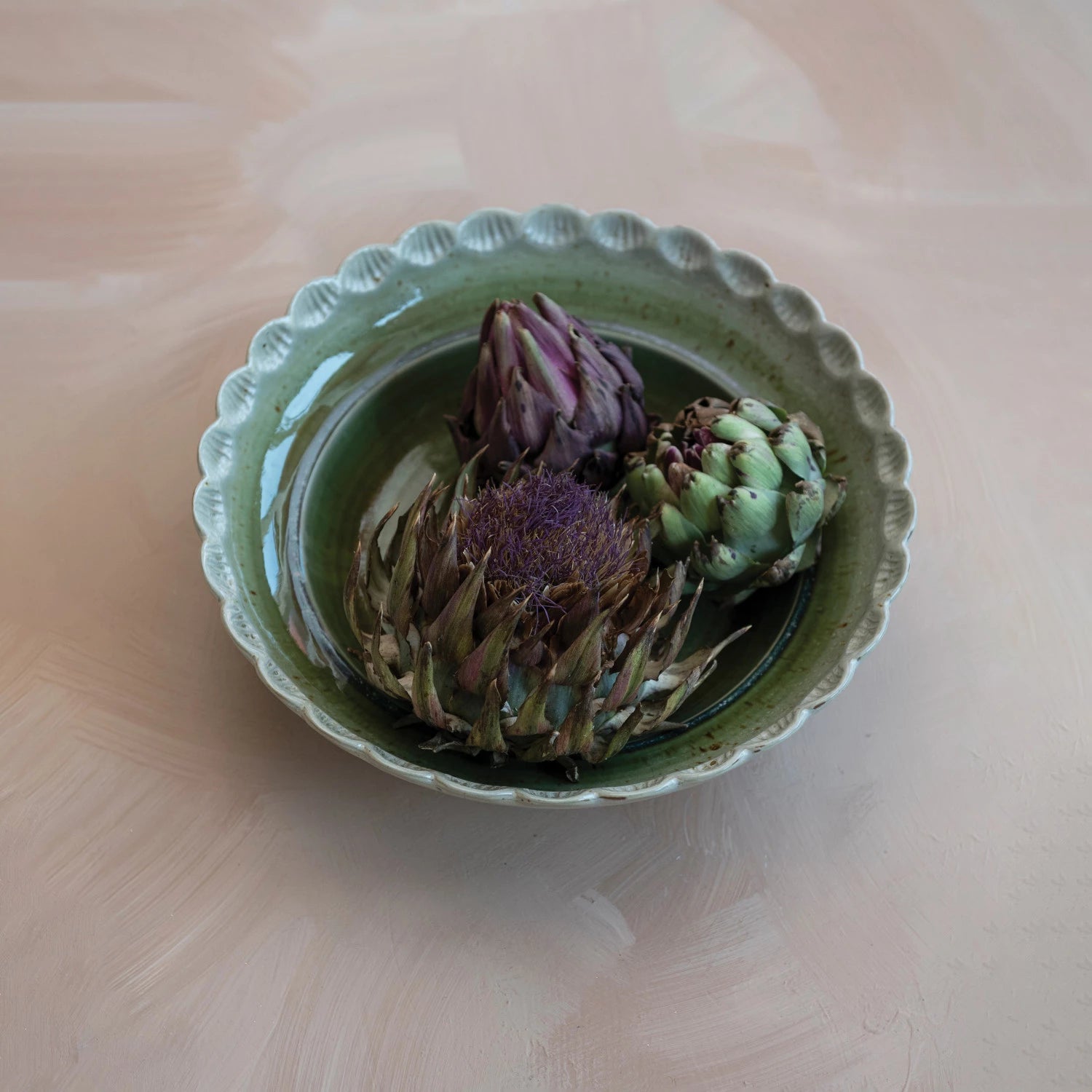 Scalloped Edge Stoneware Bowl- Green