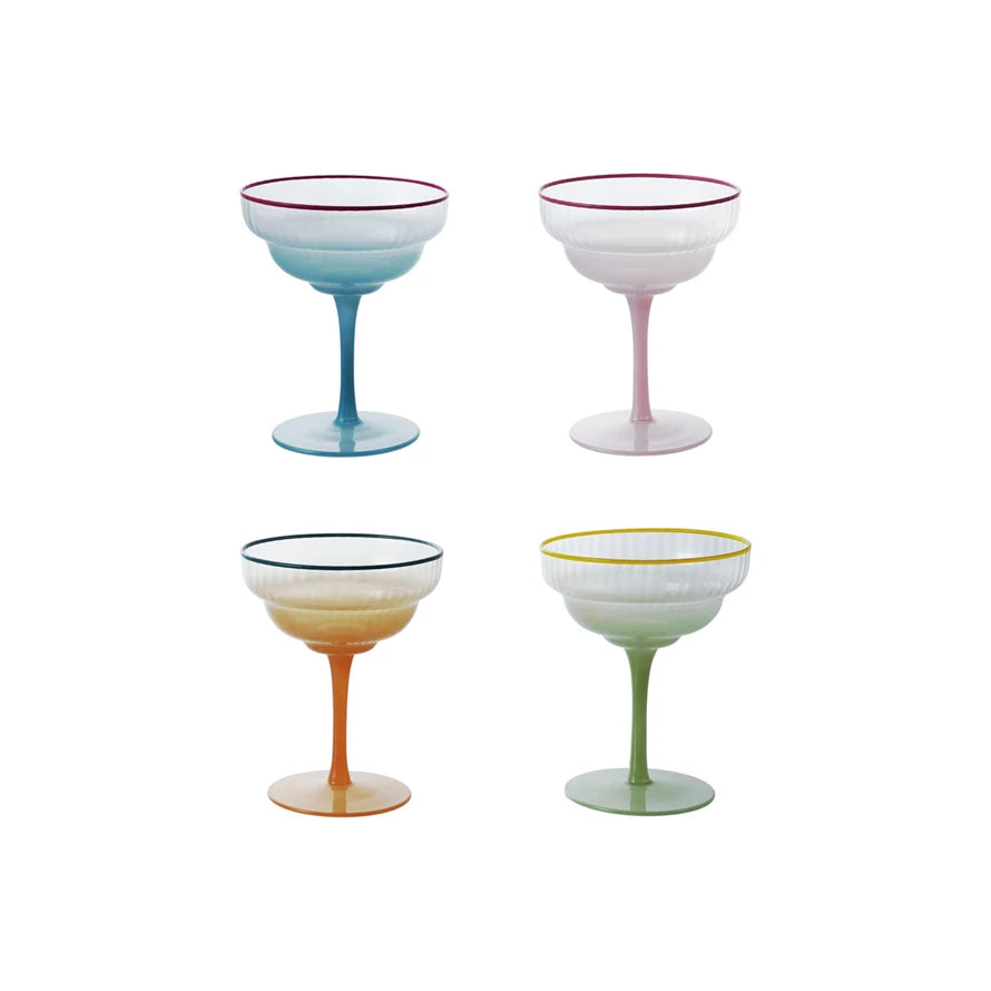 Fluted Stemmed Coupe Glass with Colored Rim- Set of 4
