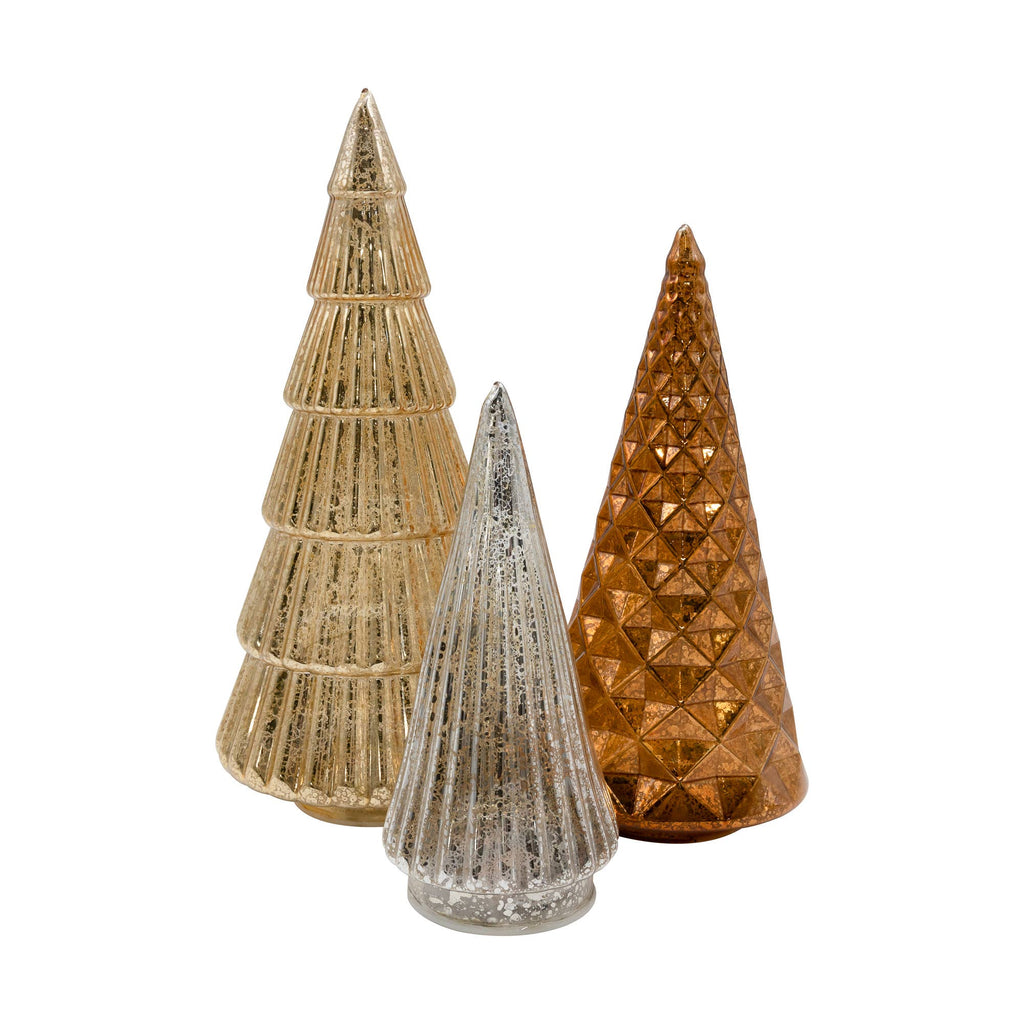 Battery-Operated Gold, Bronze & Silver Glass Trees- Set of 3