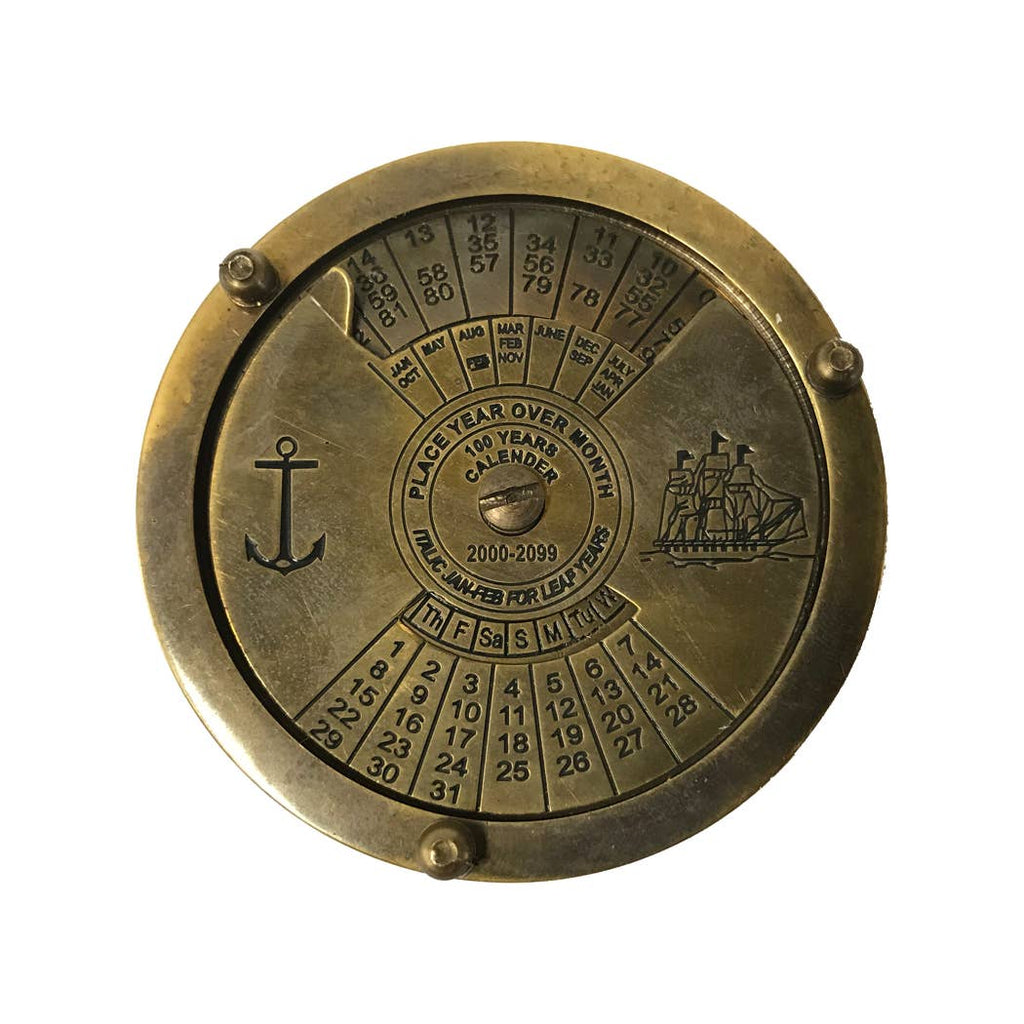 Antiqued Brass Compass With 100-Year Calendar | Tabletop