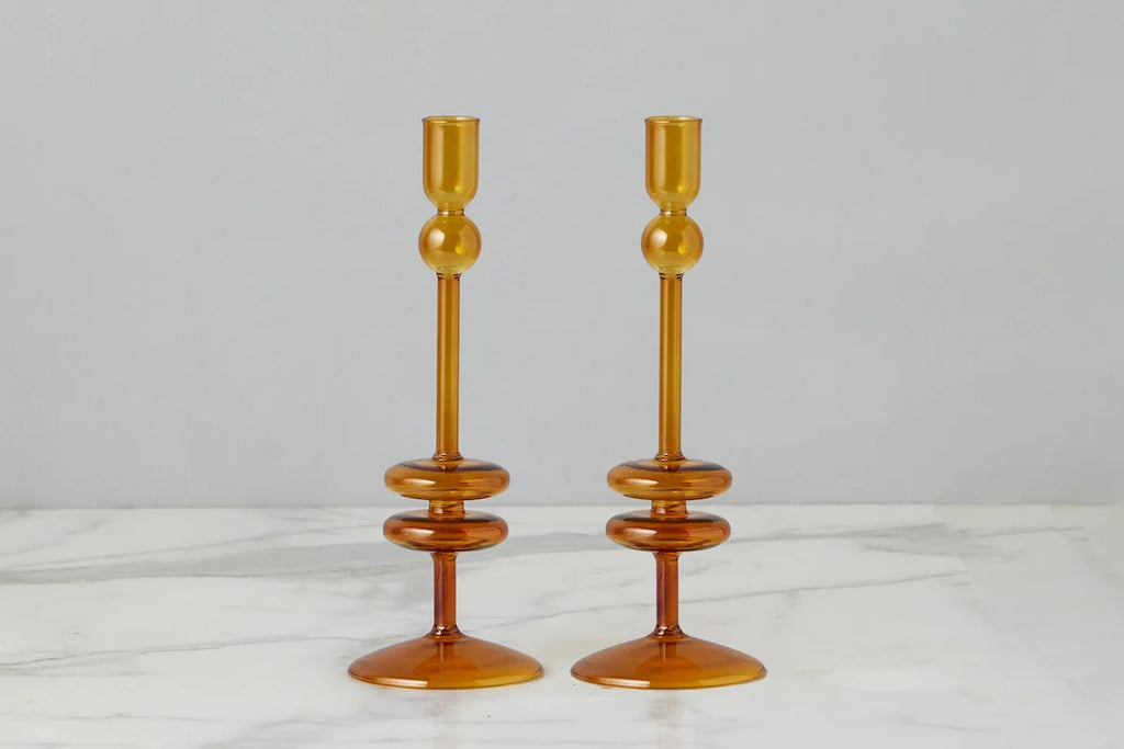 Glass Candlestick Pair- Medium Amber