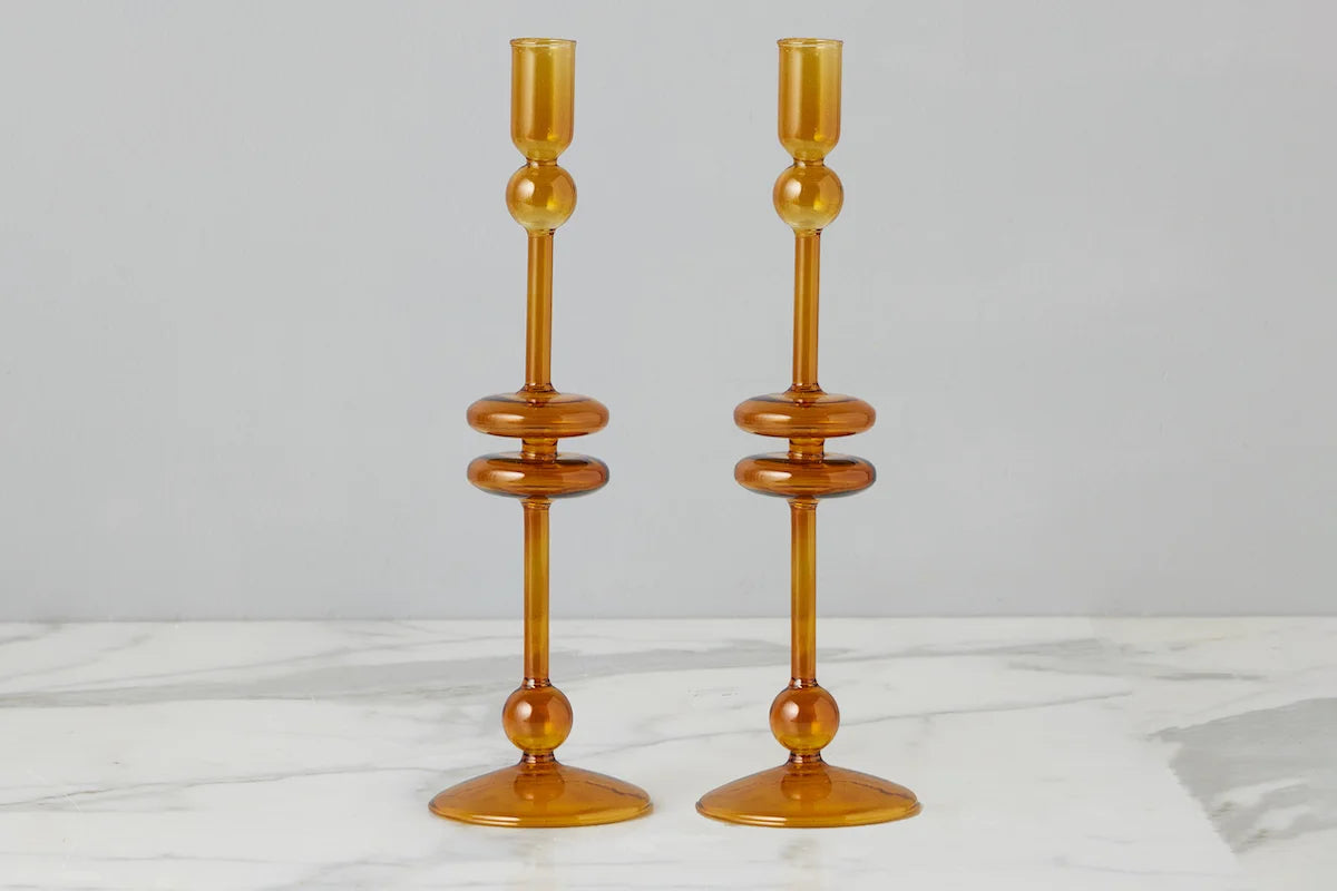 Glass Candlestick Pair- Large Amber