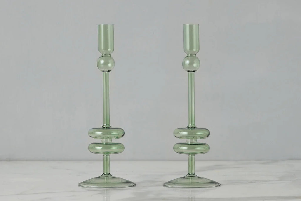 Glass Candlestick Pair- Medium Sage