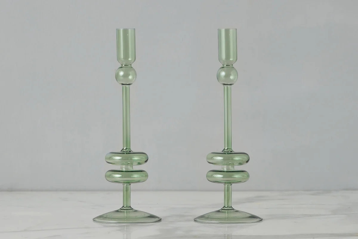Glass Candlestick Pair- Medium Sage