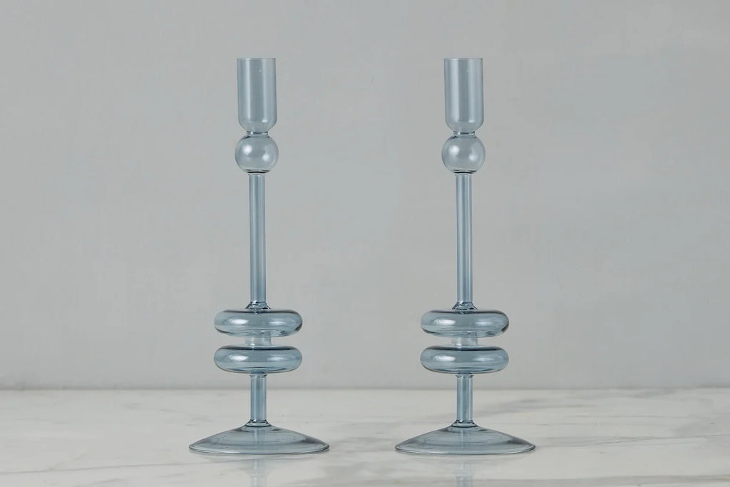 Glass Candlestick Pair- Medium Denim