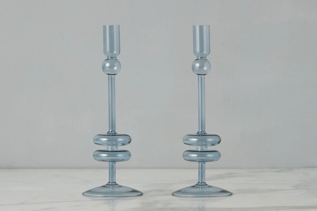 Glass Candlestick Pair- Medium Denim