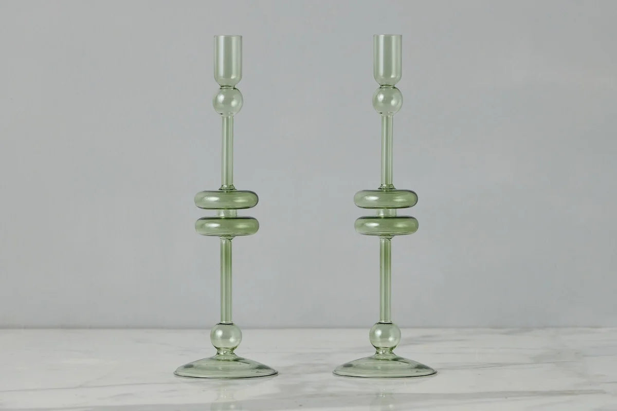 Glass Candlestick Pair- Large Sage