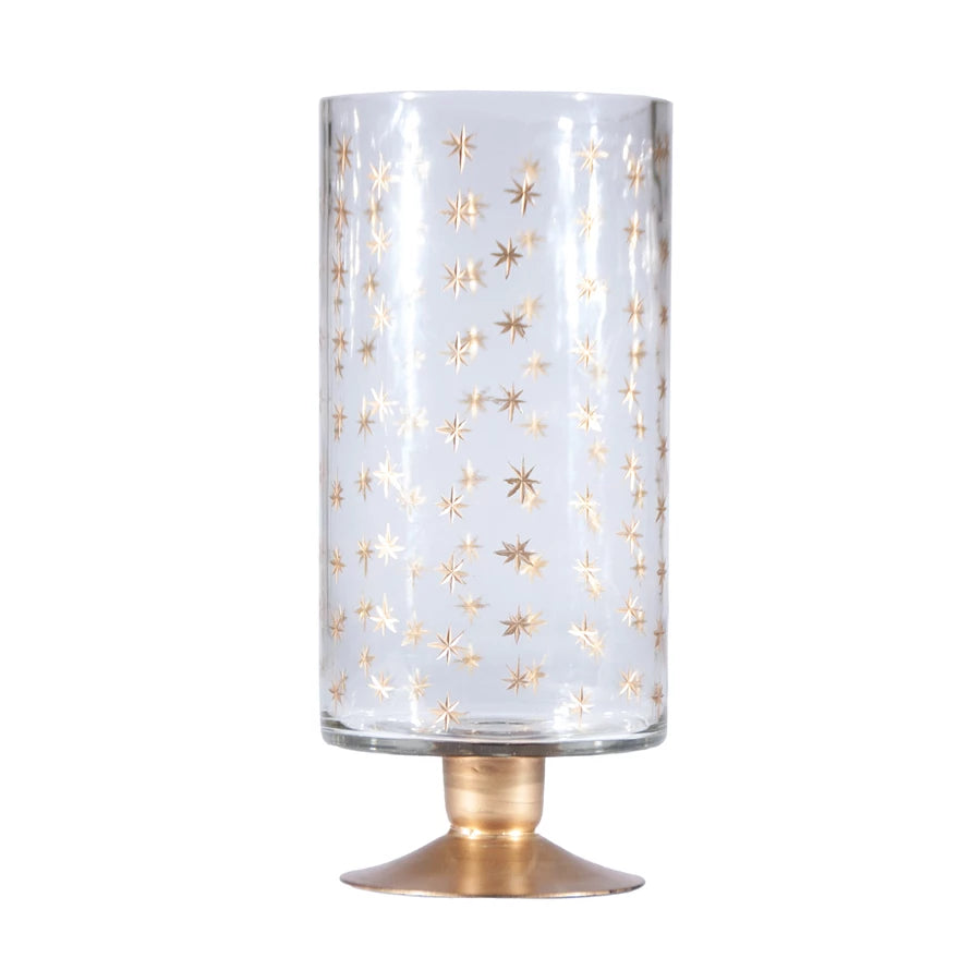 Hand-Painted Etched Glass Footed Hurricane with Starburst Pattern