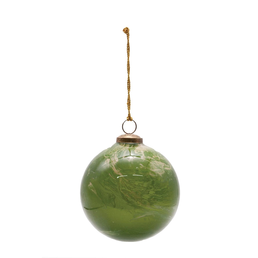 Marbled Glass Ball Ornament- Green & Gold